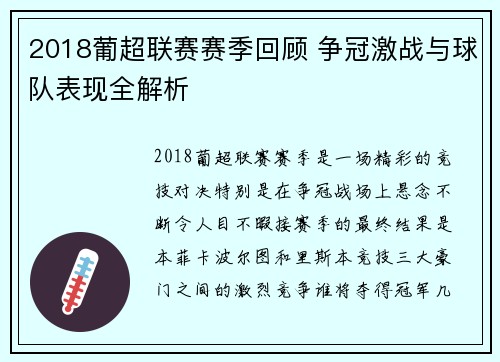 2018葡超联赛赛季回顾 争冠激战与球队表现全解析