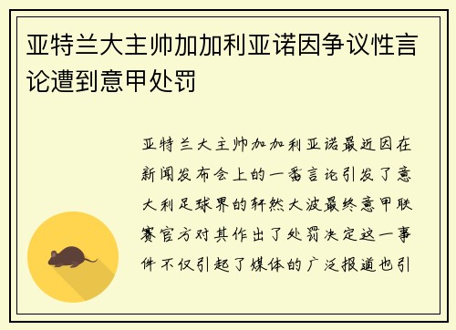 亚特兰大主帅加加利亚诺因争议性言论遭到意甲处罚