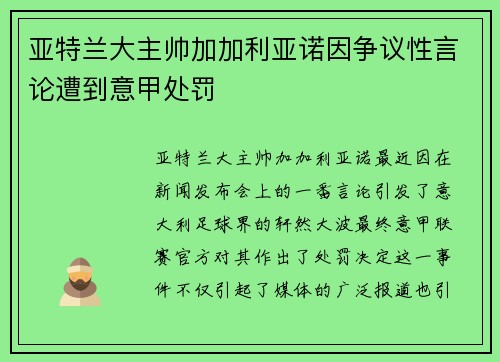 亚特兰大主帅加加利亚诺因争议性言论遭到意甲处罚