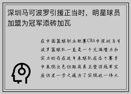深圳马可波罗引援正当时，明星球员加盟为冠军添砖加瓦